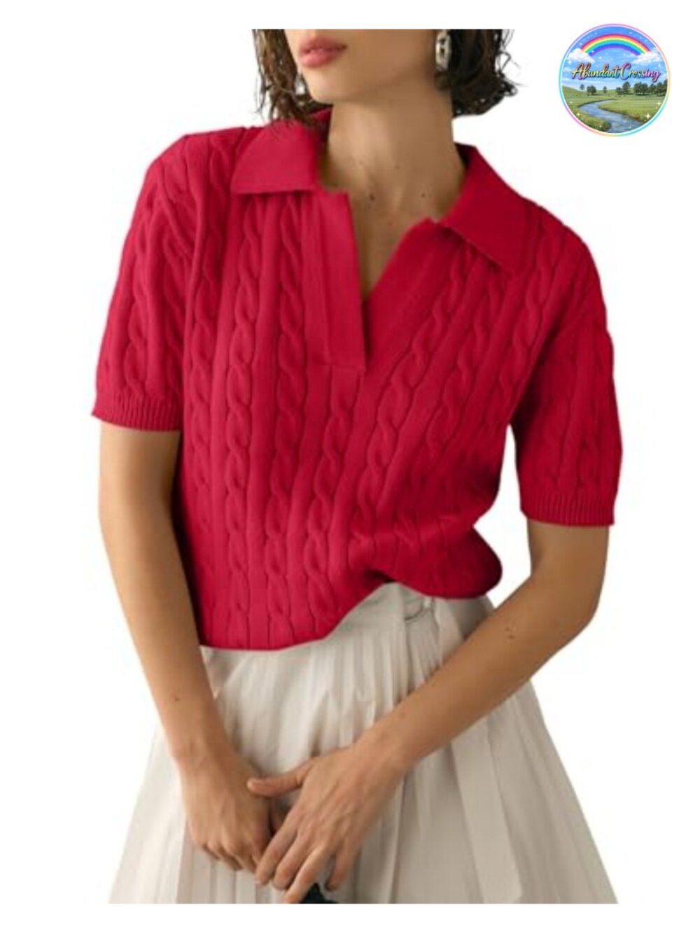 Womens Cable Knit Short Sleeve Sweater V Neck Lapel Pullover Top